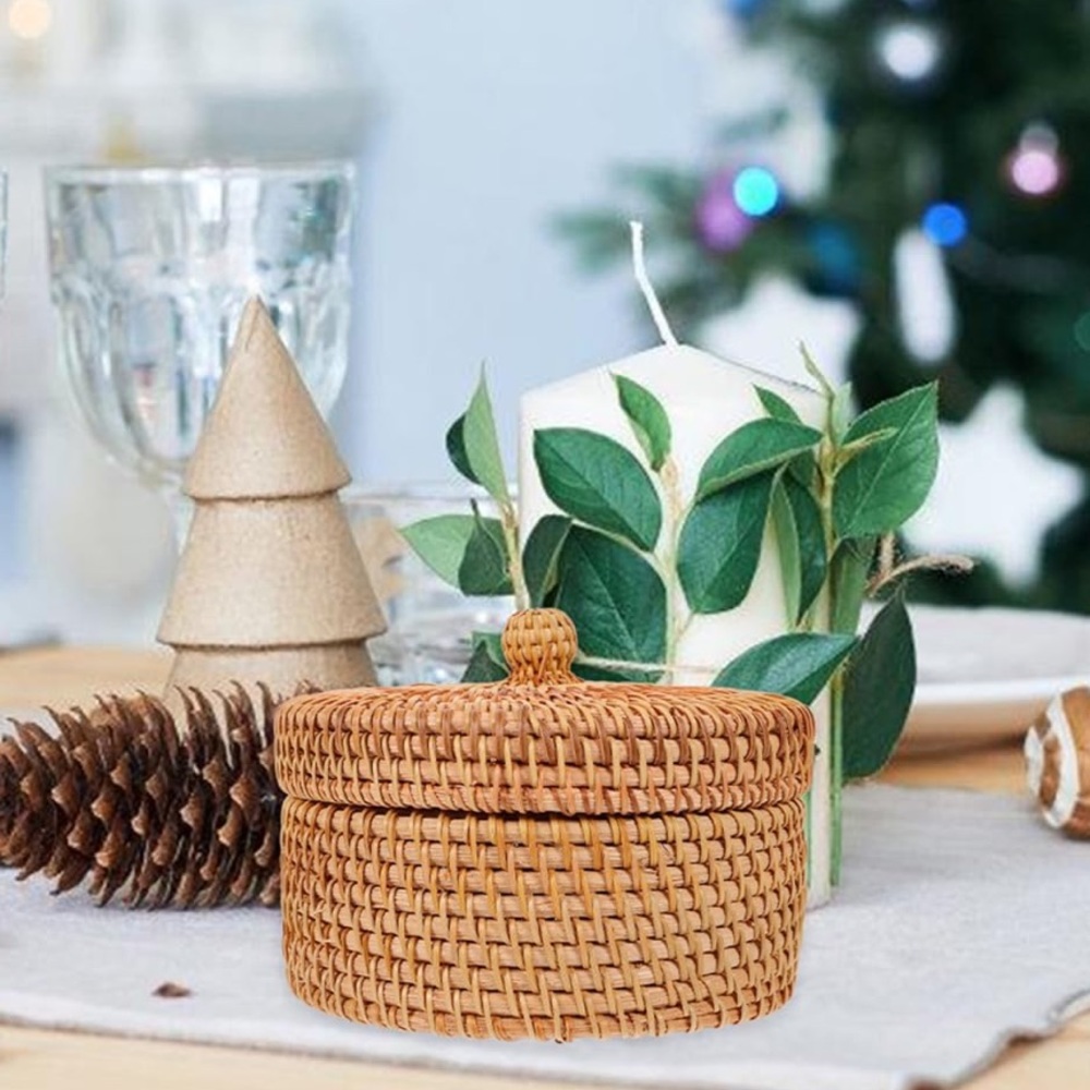 Round Rattan Storage Box w/coaster set with Lid - very nice handwoven set